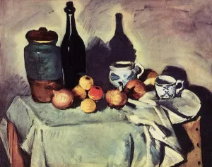 Still Life - Post, Bottle, Cup and Fruit by Paul Cezanne - Oil Painting Reproduction
