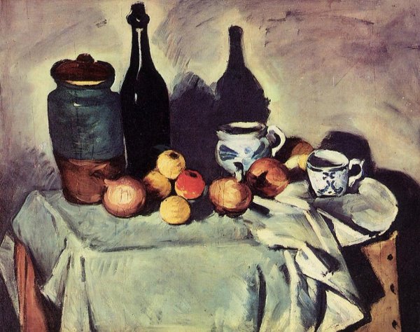 Main Product Photo of Still Life - Post, Bottle, Cup and Fruit Painting by Paul Cezanne