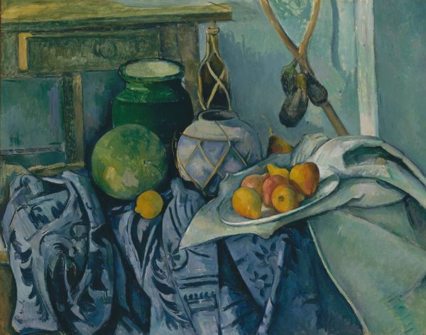 Main Product Photo of Still Life with a Ginger Jar and Eggplants  Painting by Paul Cezanne