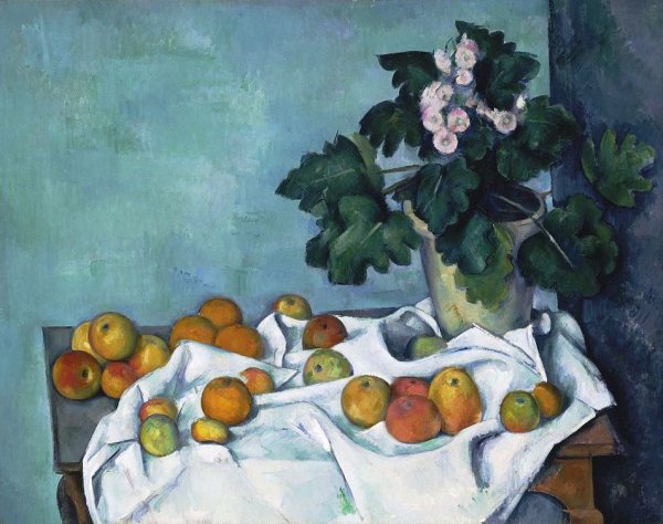 Main Product Photo of Still Life with Apples and a Pot of Primroses Painting by Paul Cezanne