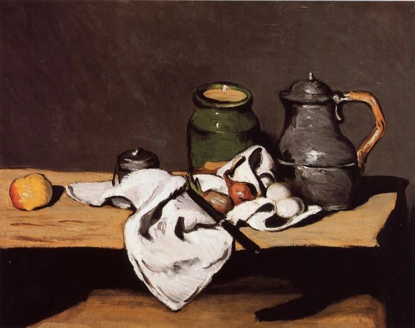 Main Product Photo of Still Life with Green Pot and Pewter Jug Painting by Paul Cezanne