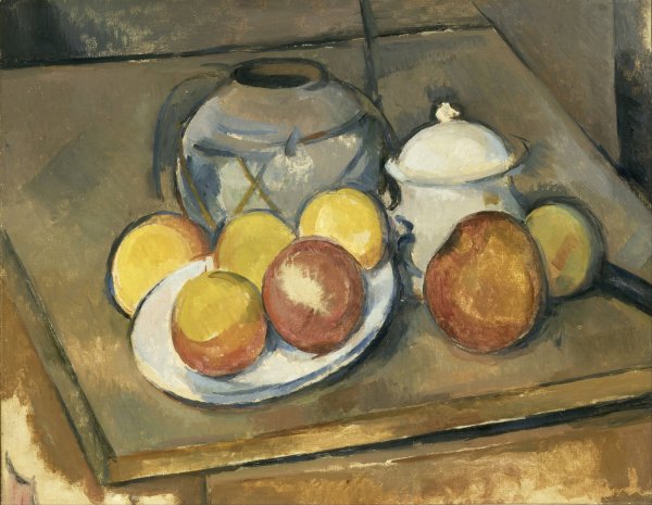 Main Product Photo of Straw-Trimmed Vase, Sugar Bowl and Apples  Painting by Paul Cezanne