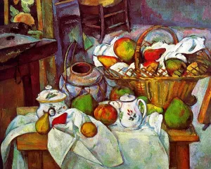 Vessels, Basket and Fruit painting by Paul Cezanne