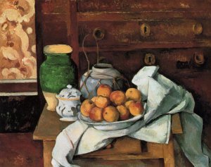 Vessels, Fruit and Cloth in Front of a Chest by Paul Cezanne Oil Painting