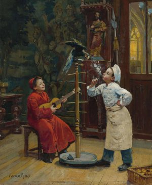 Teasing the parrot by Paul Charles Chocarne-Moreau Oil Painting