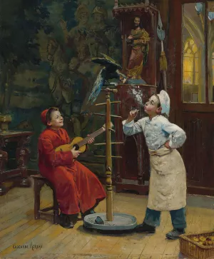 Teasing the parrot by Paul Charles Chocarne-Moreau Oil Painting