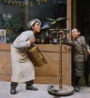 Teasing the Parrot by Paul Charles Chocarne-Moreau - Oil Painting Reproduction