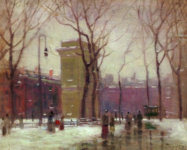 Winter, Washington Square by Paul Cornoyer - Hand-Painted Oil Painting Reproduction