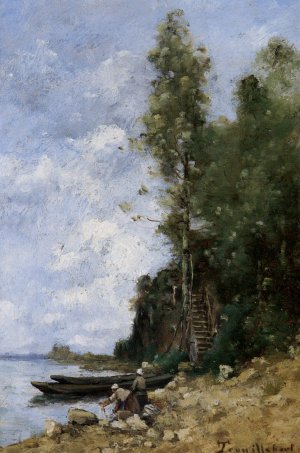 Deux Lavandieres Pres De Deux Bargues by Paul-Desire Trouillebert Oil Painting