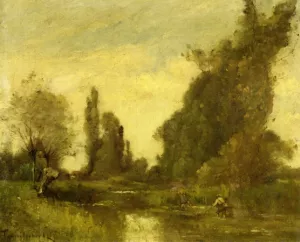 Fishermen by a Pool by Paul-Desire Trouillebert Oil Painting