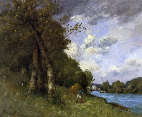 Main Product Photo of Haymaking in Brittany on the Banks of the River Painting by Paul-Desire Trouillebert