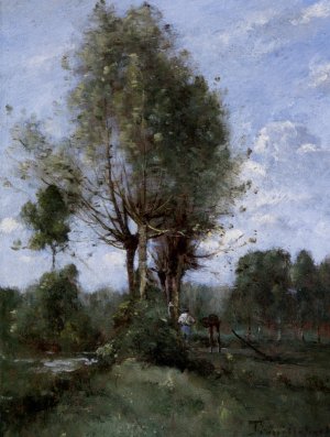 Le Faucheur Pres De La Riviere by Paul-Desire Trouillebert Oil Painting