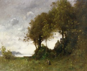 Woman Picking Flowers by the Water by Paul-Desire Trouillebert Oil Painting