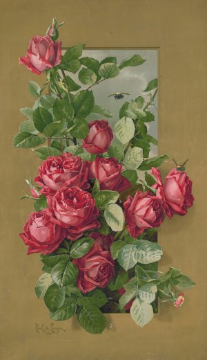 Red roses growing through a window by Paul De Longpre Oil Painting