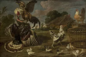 A Turkey and a Rooster by Paul De Vos Oil Painting