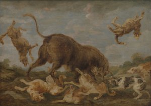 Buffalo attacked by dogs by Paul De Vos Oil Painting