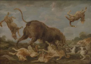 Buffalo attacked by dogs by Paul De Vos Oil Painting