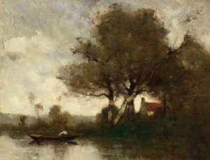 River landscape with a house and man in a boat by Paul Desire Trouillebert Oil Painting