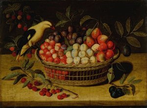 Still life with cherries, plums, raspberries and other fruits in a basket, with a yellow bird by Paul Dorival Oil Painting
