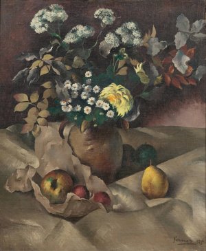 Still life with flowers, pears and apples by Paul-Elie Gernez Oil Painting