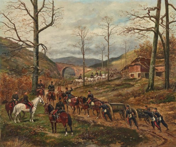 The French 90th Horse Artillery Advancing on Rezonville  by Paul Emile Leon Perboyre - Hand-Painted Oil Painting Reproduction