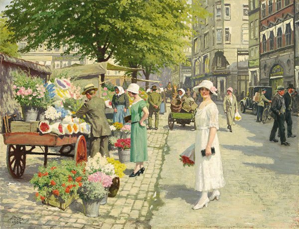 Damer, Der Kober Blomster Pa Amagertorv  by Paul Fischer - Hand-Painted Oil Painting Reproduction