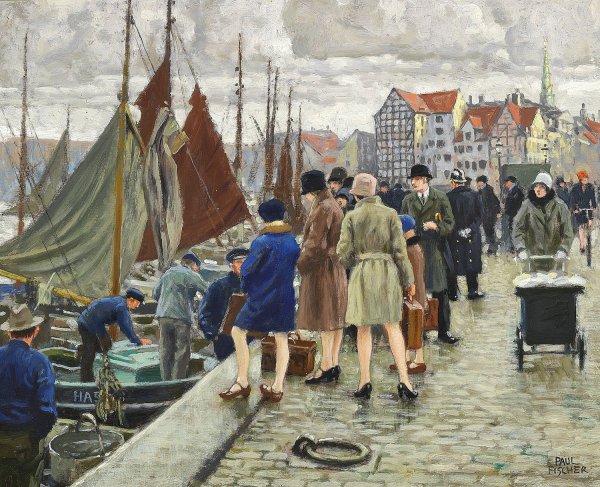 Elegante damer med klokkehatte kober fisk by Paul Fischer - Hand-Painted Oil Painting Reproduction