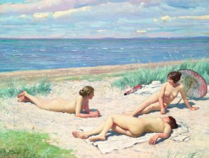 Girls on the beach by Paul Fischer Oil Painting