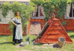 Pige ved en brond ud for et rodmalet svensk traehus by Paul Fischer Oil Painting
