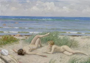 Piger pa stranden, Bastad Oil painting by Paul Fischer