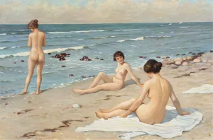 Strandparti med badende kvinder by Paul Fischer Oil Painting