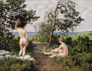 To badepiger i et krat ved kysten ved Hornbaek by Paul Fischer Oil Painting