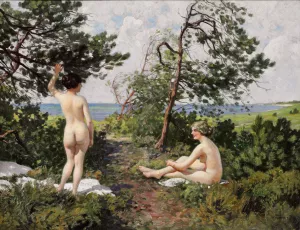 To badepiger i et krat ved kysten ved Hornbaek by Paul Fischer Oil Painting