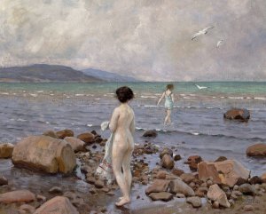 To badepiger pa en stenet strand by Paul Fischer Oil Painting