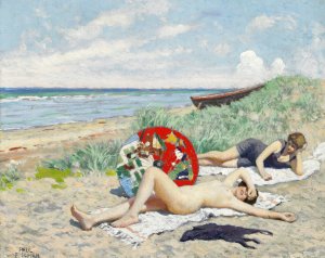 To piger og en japansk parasol pa Hornbaek strand Oil painting by Paul Fischer