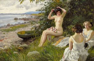 Tre badepiger i strandkanten by Paul Fischer Oil Painting