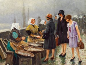 Tre unge damer kober friske fisk pa Gammel Strand Oil painting by Paul Fischer