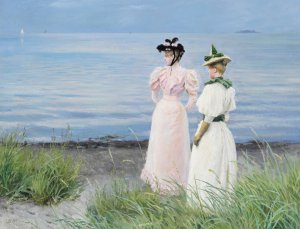 Ved stranden i Hellerup. Frk. Elisabeth Fischer og frk. Anna Pauline Bruun en sommerdag pa stranden i Hellerup Oil painting by Paul Fischer