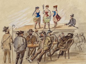 Drei Frauen prasentieren sich auf einer Buhne, davor Manner an Biertischen by Paul Franz Otto Oil Painting
