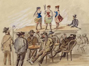 Drei Frauen prasentieren sich auf einer Buhne, davor Manner an Biertischen by Paul Franz Otto Oil Painting