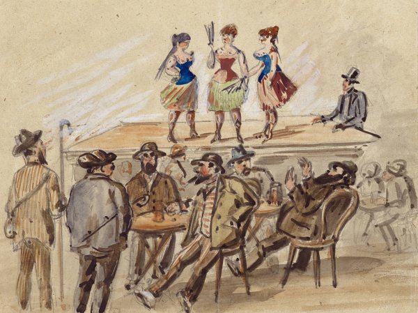 Drei Frauen prasentieren sich auf einer Buhne, davor Manner an Biertischen  by Paul Franz Otto - Hand-Painted Oil Painting Reproduction