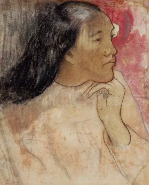 A Tahitian Woman with a Flower in Her Hair painting by Paul Gauguin