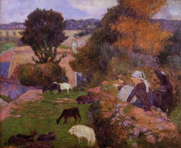 Main Product Photo of Breton Shepherdess Painting by Paul Gauguin
