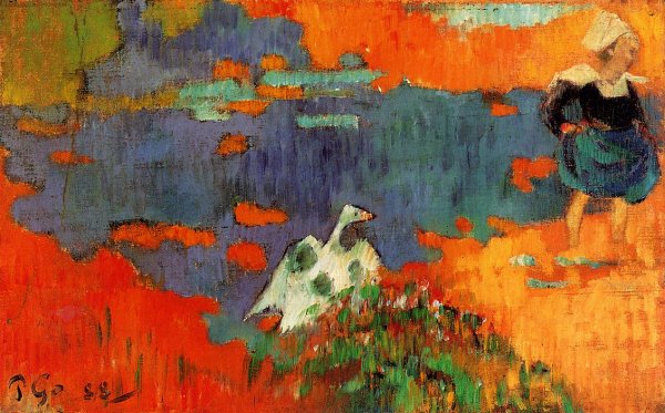 Main Product Photo of Breton Woman and Goose by the Water Painting by Paul Gauguin