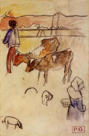 Bretons and Cows Sketch by Paul Gauguin - Oil Painting Reproduction