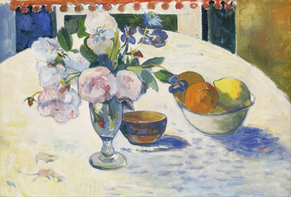 Main Product Photo of Flowers and a Bowl of Fruit on a Table  Painting by Paul Gauguin