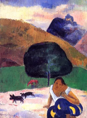Landscape with Black Pigs and a Crouching Tahitian by Paul Gauguin Oil Painting