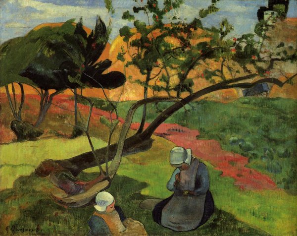 Main Product Photo of Little Girls also known as Landscape with Two Breton Girls Painting by Paul Gauguin
