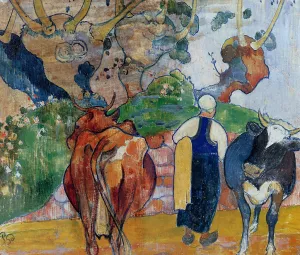 Peasant Woman and Cows in a Landscape by Paul Gauguin - Oil Painting Reproduction