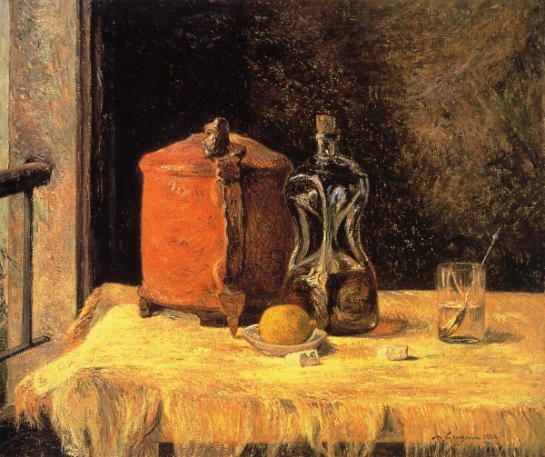 Main Product Photo of Still Life with Mig and Carafe Painting by Paul Gauguin